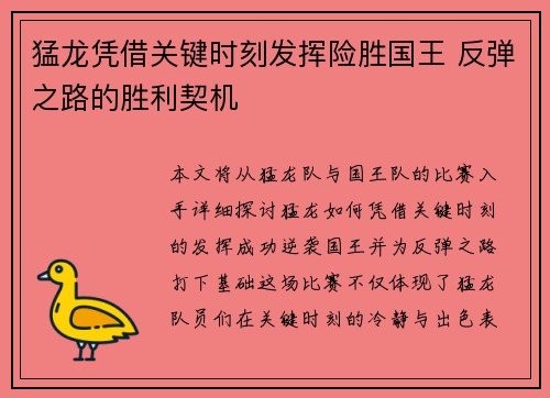 猛龙凭借关键时刻发挥险胜国王 反弹之路的胜利契机